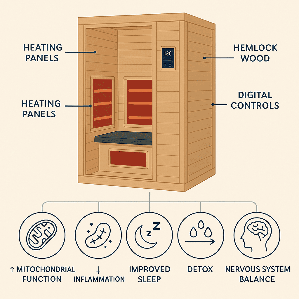 Clinical infographic showing sauna benefits for chronic fatigue, including detox, sleep, inflammation, and mitochondrial health – Sauna for Chronic Fatigue: 5 Ways It Helps Manage Symptoms Naturally