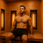 Fit man in imported infrared sauna designed to support testosterone, recovery, and circulation – Sauna Benefits for Men: 7 Key Ways Heat Therapy Boosts Testosterone and Circulation