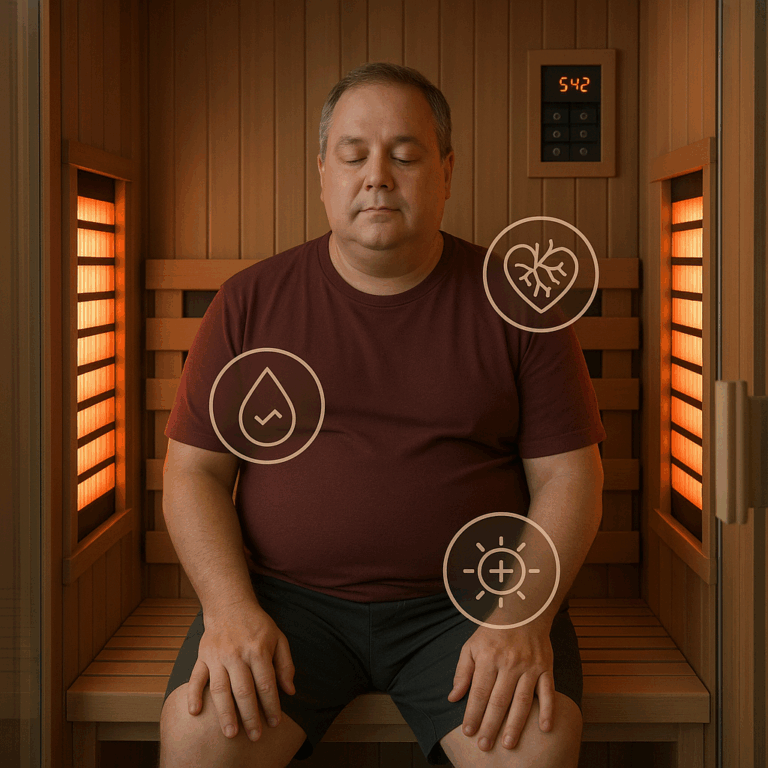 Imported infrared sauna used by a diabetic adult, showing glowing interior for blood sugar, circulation, and stress support – Sauna for Diabetes: 6 Powerful Ways Heat Therapy Supports Blood Sugar Control
