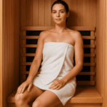 Imported infrared sauna used for women’s health and hormone balance with glowing light and clean wood interior – Sauna for Women's Health: 7 Hormonal Benefits Backed by Science