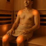 Person inside imported infrared sauna with glowing panels, highlighting benefits for joint health – Sauna Joint Health: 7 Powerful Benefits for Pain Relief and Mobility