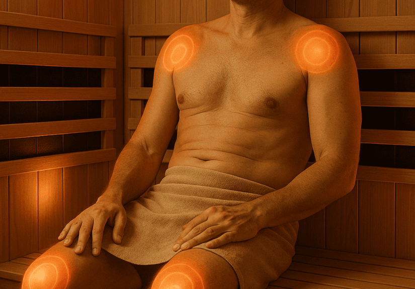 Person inside imported infrared sauna with glowing panels, highlighting benefits for joint health – Sauna Joint Health: 7 Powerful Benefits for Pain Relief and Mobility