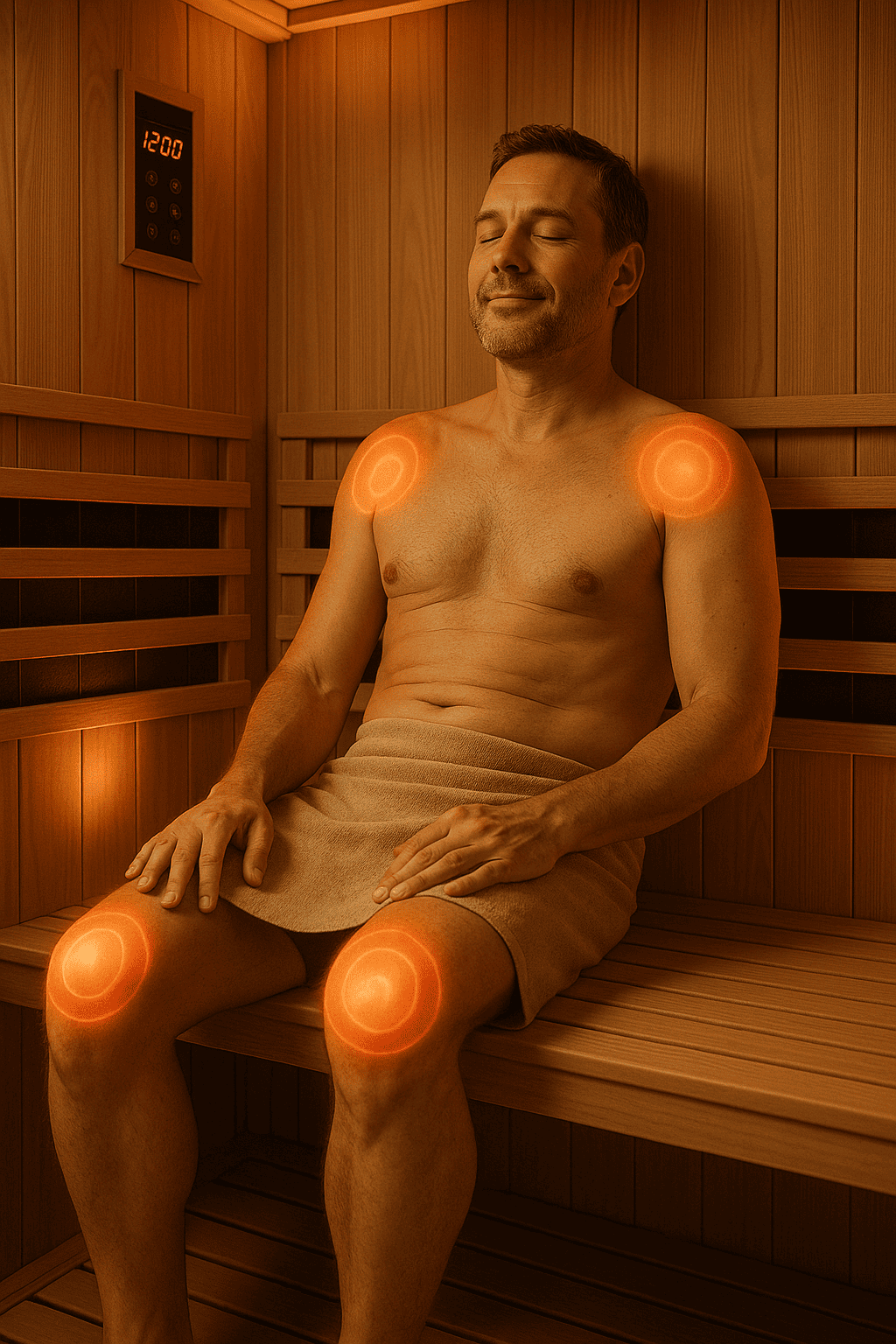 Person inside imported infrared sauna with glowing panels, highlighting benefits for joint health – Sauna Joint Health: 7 Powerful Benefits for Pain Relief and Mobility